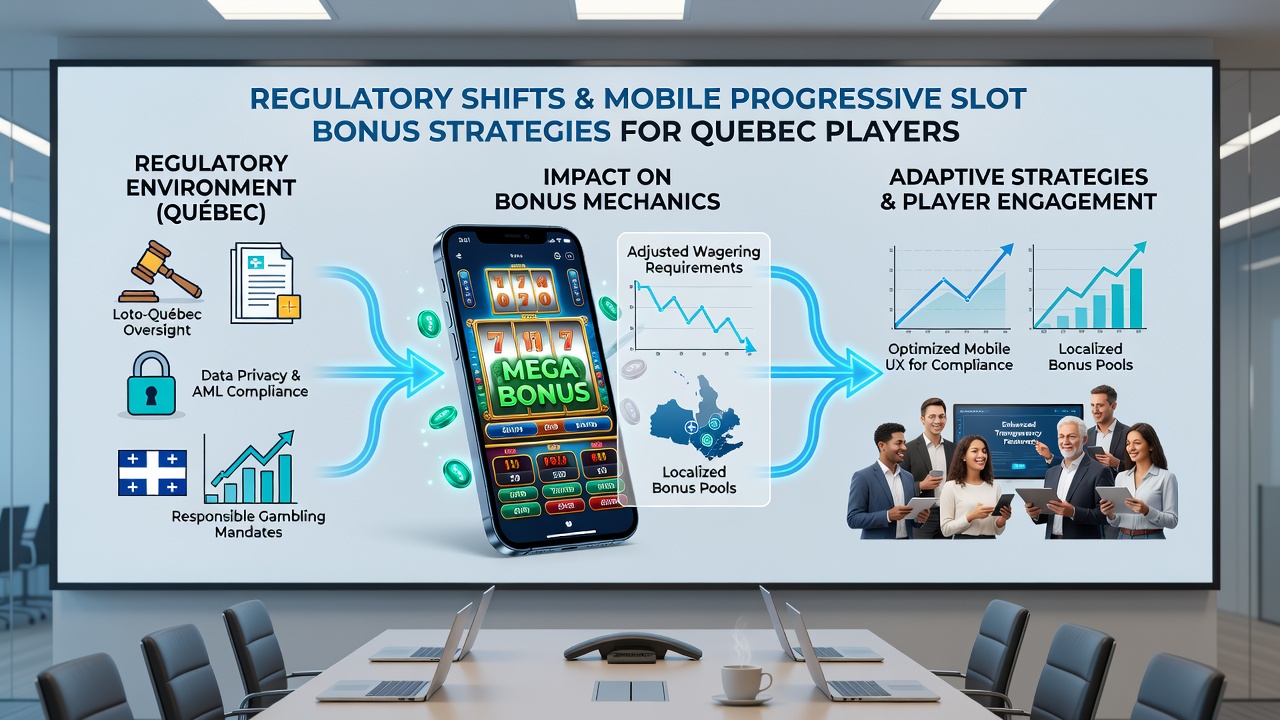Infographic showing data flows between mobile devices and Quebec regulatory compliance systems for progressive slot bonuses